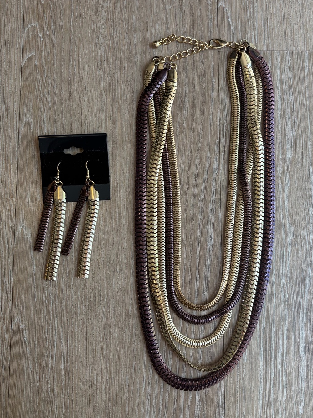 Mixed Metal Layered Statement Chain Necklace w/ Matching Earrings